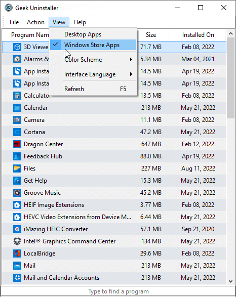 Geek Uninstaller View menu: Windows Store apps